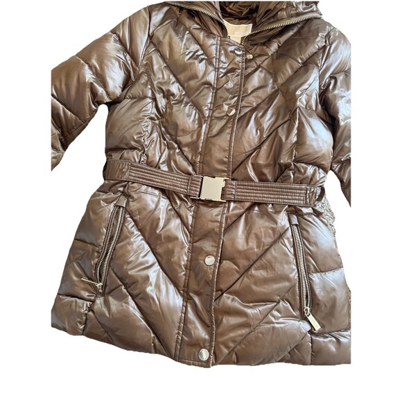 MICHAEL KORS  Women’s Brown Gold Hooded Puffer Belted Jacket Bubble Coat SZ XS - Picture 2 of 11